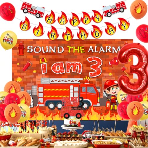 Balterever Fire Truck 3rd Birthday Decoration Sound the Alarm I Am 3 Birthday Decorations Sound the Alarm I Am Happy Bday Banner Backdrop Cake Topper Firemen Bday Decorations for 3rd Bday Supplies - Image 5
