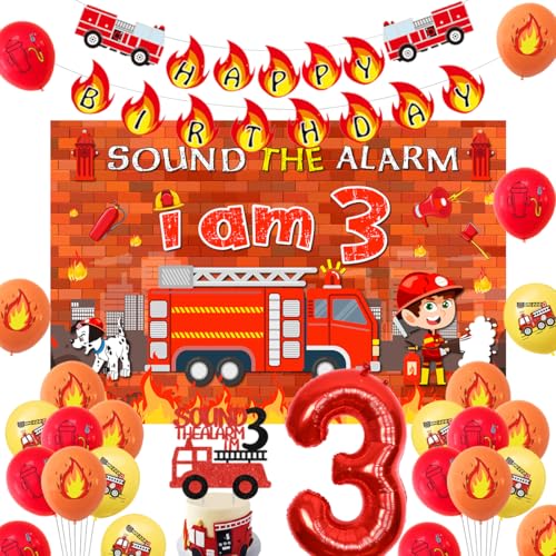 Balterever Fire Truck 3rd Birthday Decoration Sound the Alarm I Am 3 Birthday Decorations Sound the Alarm I Am Happy Bday Banner Backdrop Cake Topper Firemen Bday Decorations for 3rd Bday Supplies - Image 1