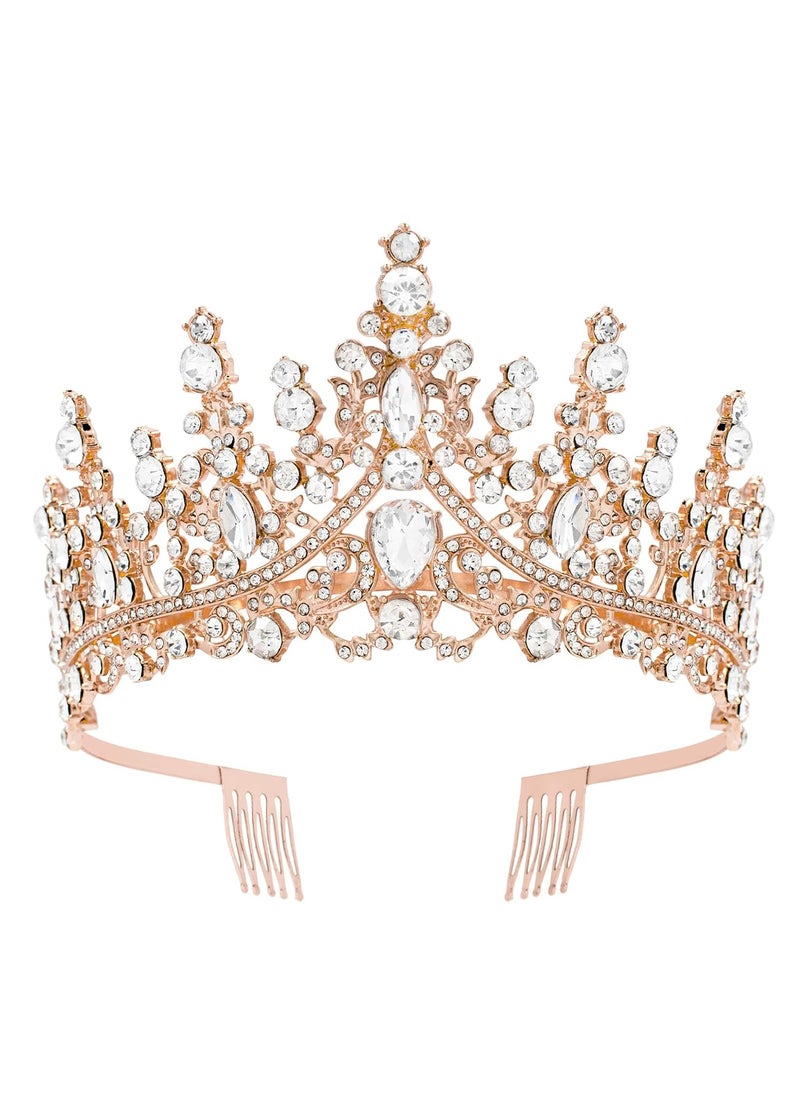 Vofler - Rose Gold Tiara for Women Princess Crown  Royal Baroque Medieval Renaissance Crystal Headband for Queen Bridal Flower Girl Wedding Birthday Costumes Party Quinceanera Prom Pageant Homecoming - Image 1