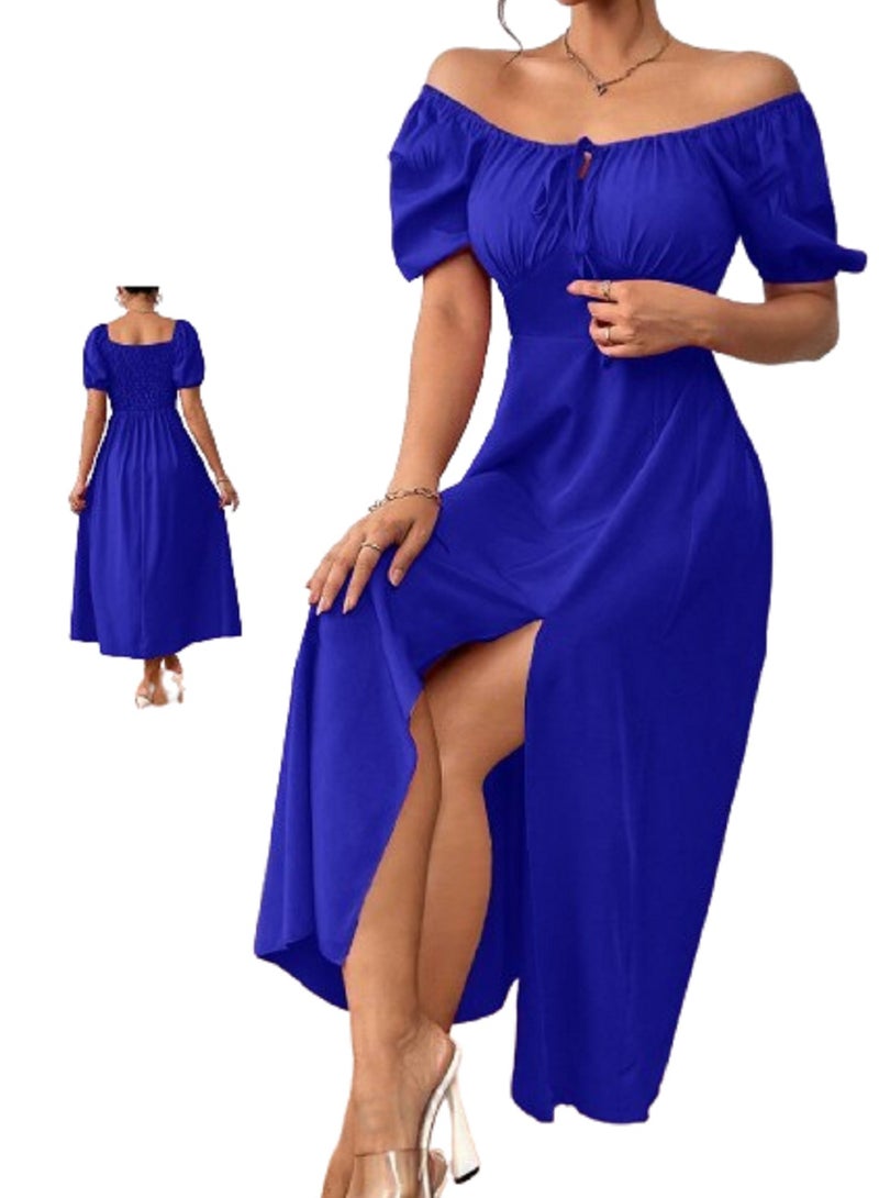 Elegant Dress with Puffed Sleeves, Sweetheart Neckline, and Side Slit, one size 