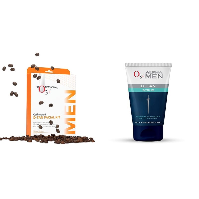 O3 Caffeinated DTan Facial Kit O3 ALPHA MEN Acno DTAN Scrub With Hyaluronic Mint 50g Detan Scrub for TAN removal Combo - Image 1