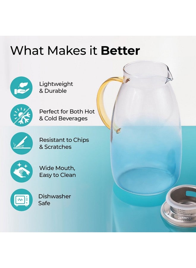 The Better Home جركن زجاجي من ذا بيتر هوم مع غطاء ومقبض من الفولاذ المقاوم للصدأ سعة 2 لتر | إبريق مانع للتسرب للماء، القهوة الباردة، الشاي، القهوة المثلجة، الليمونادة | مقاوم للحرارة | هدية تدفئة منزلية | أزرق، 2100 مل - Image 2