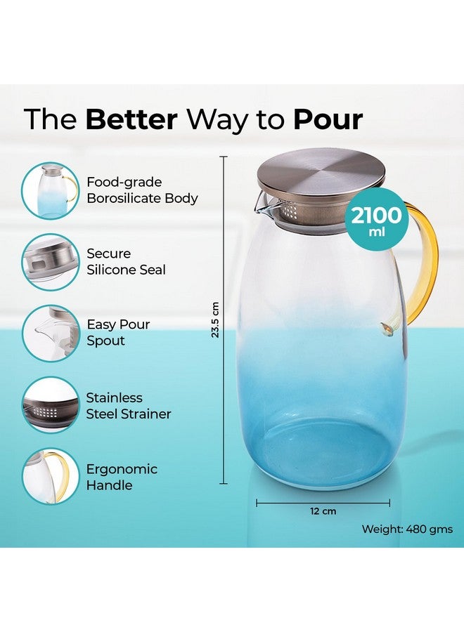 The Better Home جركن زجاجي من ذا بيتر هوم مع غطاء ومقبض من الفولاذ المقاوم للصدأ سعة 2 لتر | إبريق مانع للتسرب للماء، القهوة الباردة، الشاي، القهوة المثلجة، الليمونادة | مقاوم للحرارة | هدية تدفئة منزلية | أزرق، 2100 مل - Image 3