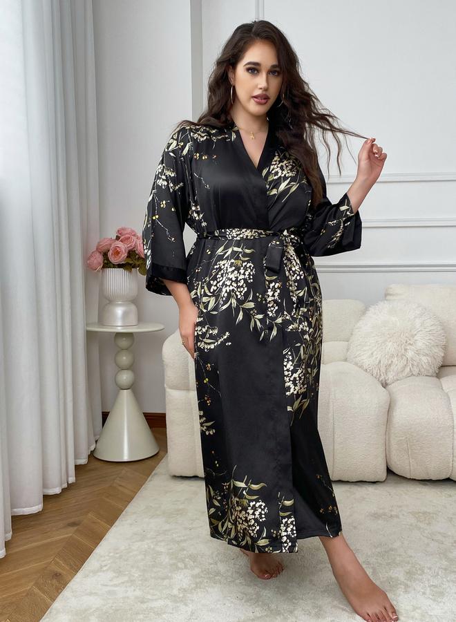 Take Two Plus Size Floral Print Belted Robe - Image 4
