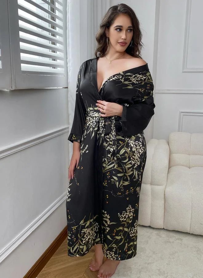 Take Two Plus Size Floral Print Belted Robe