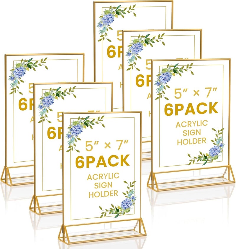 6 Pack Acrylic Gold Sign Holders, 5 x 7 Inch Clear Double-Sided Picture Frames, Tabletop Menu Display Stands for Table Numbers, Photos, Restaurants, Weddings, Offices - Image 1