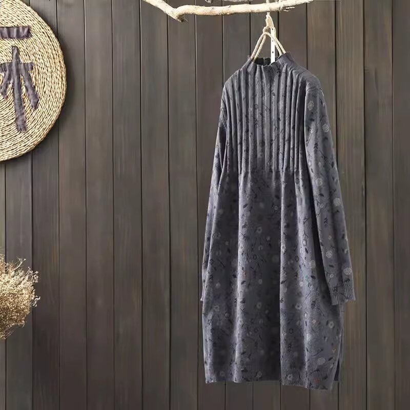 Vintage Printed Half-turtleneck Sweater Dress 2024 Spring Mid-length Loose plus size Pullover Cotton Thread Base Knitwear Blue - Image 1
