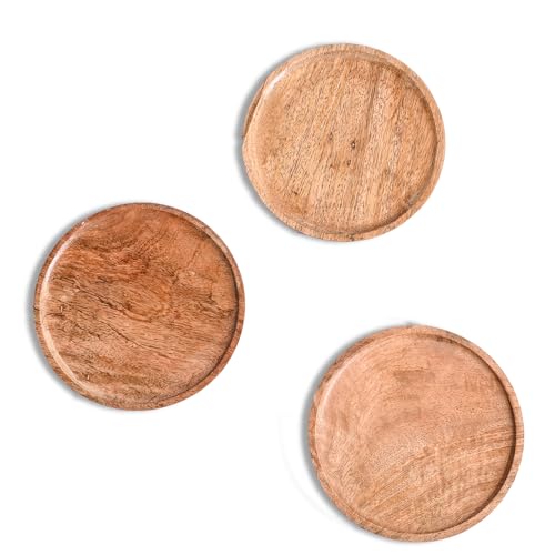 UGAOO Wooden Round Bottom Tray (Plate/Saucer) (Set of 3, 11 cm) | Suitable for Small Round Pots| Heavy Duty, Highly Durable Plant Saucer for Indoor Home Decor & Outdoor Balcony Garden - Image 1