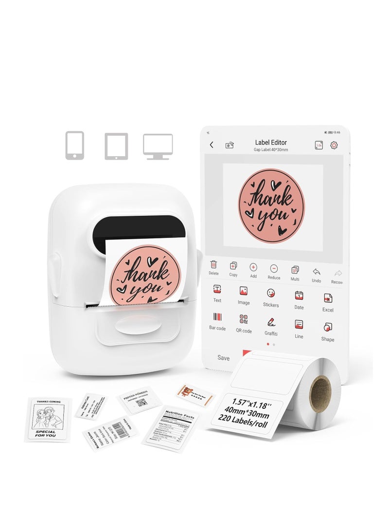 Label Maker Machine with Tape Barcode Label Printer - Mini Portable Bluetooth Thermal Labeler for Address Clothing Jewelry Retail Barcode Small Business Home Office (White) - Image 1