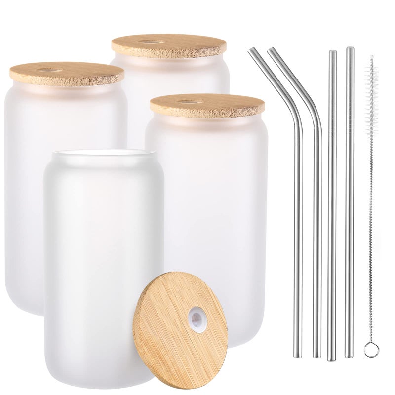 JMScape Sublimation Glass Blanks with Bamboo Lid 4pc Set 16oz Frosted Glass Cups with Lids and Straws Beer Can Glass Tumblers Iced Coffee Soda Drinks Beer Cups