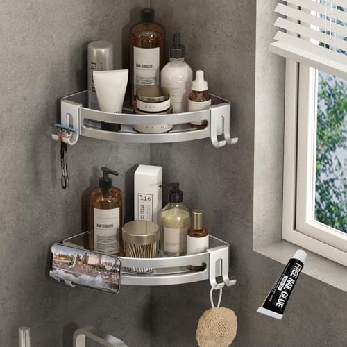 VOLPONE Shower Corner Shelf Caddy 2 Pack shower Organizer No Drill (adhesive mounting, no suction cup) Shower Storage Rust Proof Bathroom Corner Wall Shelf shampoo holder Silver - Image 1