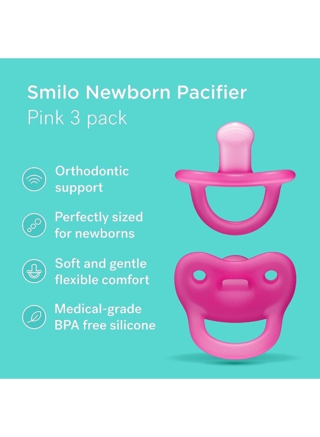 Smilo Newborn Baby Pacifier - 3 Pack of Orthodontic Pacifiers for Babies from 0-2 Months - Expands to Support The Palate During Soothing - BPA-Free - Pink - Image 2