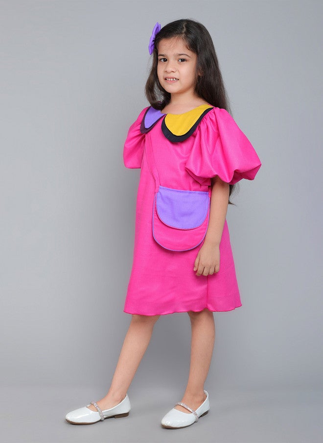 PinkChick Pink Colourblocked A-Line Dress for Girls - Image 4