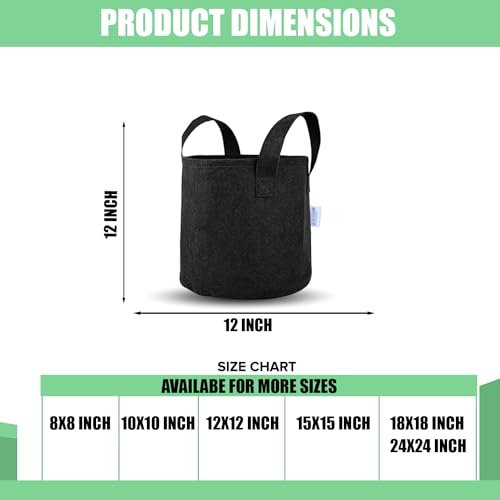 Oriley Grow Bag Heavy Duty Geo Fabric Plant Pot with Sturdy Handles Lightweight Bags Ideal for Gardening Balcony Terrace (Black, Round, 300 GSM 12 x 12 inch Pack of 2) - Image 2