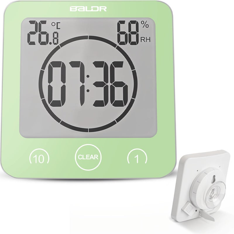 BALDR Digital Shower Clock with Timer Green WaterResistant Shower Timer Countdown Timer Clock with Temperature and Humidity Digital Clock for Shower Bathroom Clock Alarm Clock Battery Powered