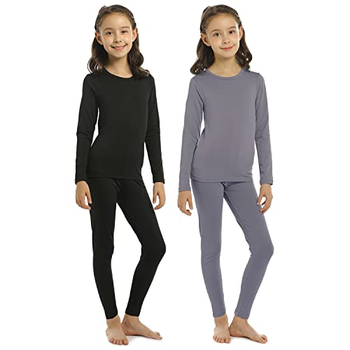 ViCherub Girls Thermal Underwear Set,Long Johns for Kids Ultra Soft Base Layer Fleece Lined Thermals Top and Bottom 2 Sets Black & Gray M - Image 1