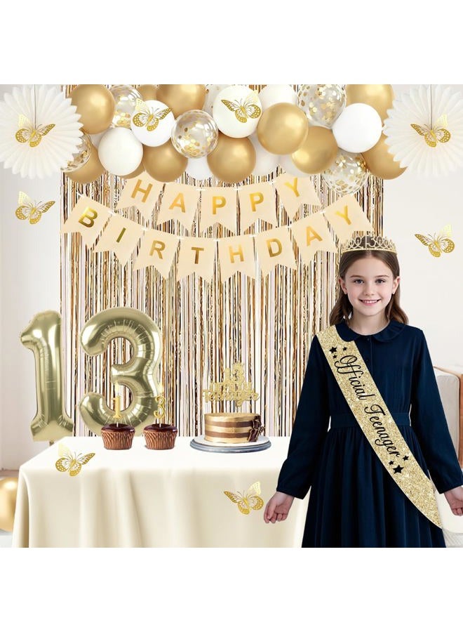 Juesly 13th Birthday Decorations for Girls, Gold 13 Birthday Girl Decorations for Her, 13 Sash and Crown, Banner, Fringe Curtains, Hanging Paper Fans, 13 Year Old Party Supplies Set - Image 2