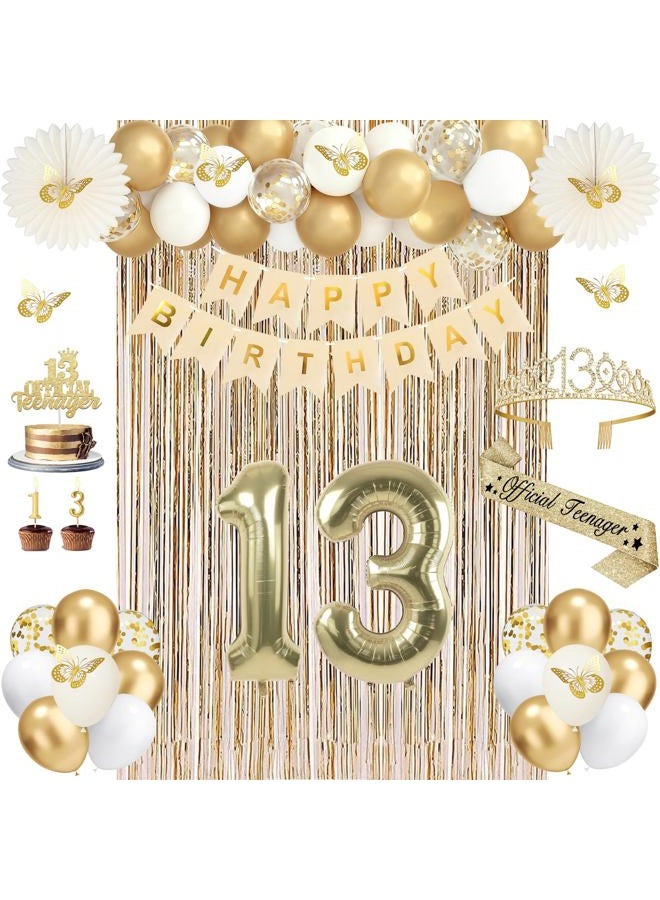 Juesly 13th Birthday Decorations for Girls, Gold 13 Birthday Girl Decorations for Her, 13 Sash and Crown, Banner, Fringe Curtains, Hanging Paper Fans, 13 Year Old Party Supplies Set - Image 1