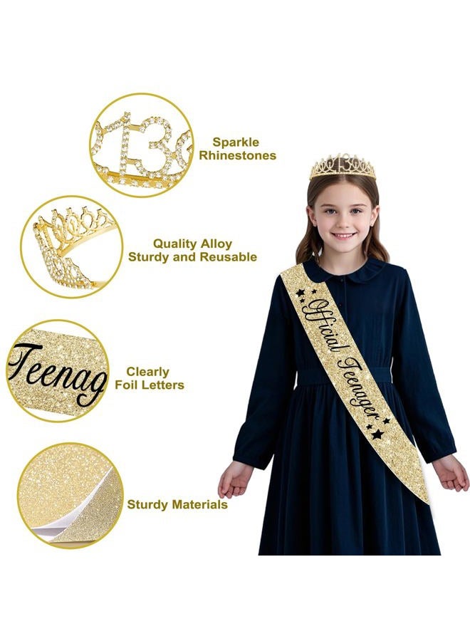 Juesly 13th Birthday Decorations for Girls, Gold 13 Birthday Girl Decorations for Her, 13 Sash and Crown, Banner, Fringe Curtains, Hanging Paper Fans, 13 Year Old Party Supplies Set - Image 4