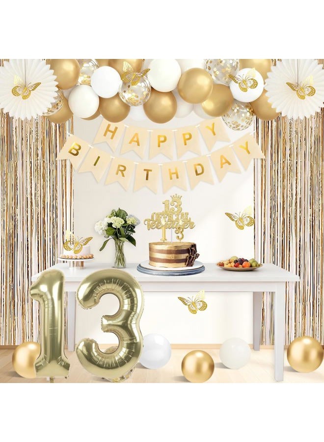 Juesly 13th Birthday Decorations for Girls, Gold 13 Birthday Girl Decorations for Her, 13 Sash and Crown, Banner, Fringe Curtains, Hanging Paper Fans, 13 Year Old Party Supplies Set - Image 5