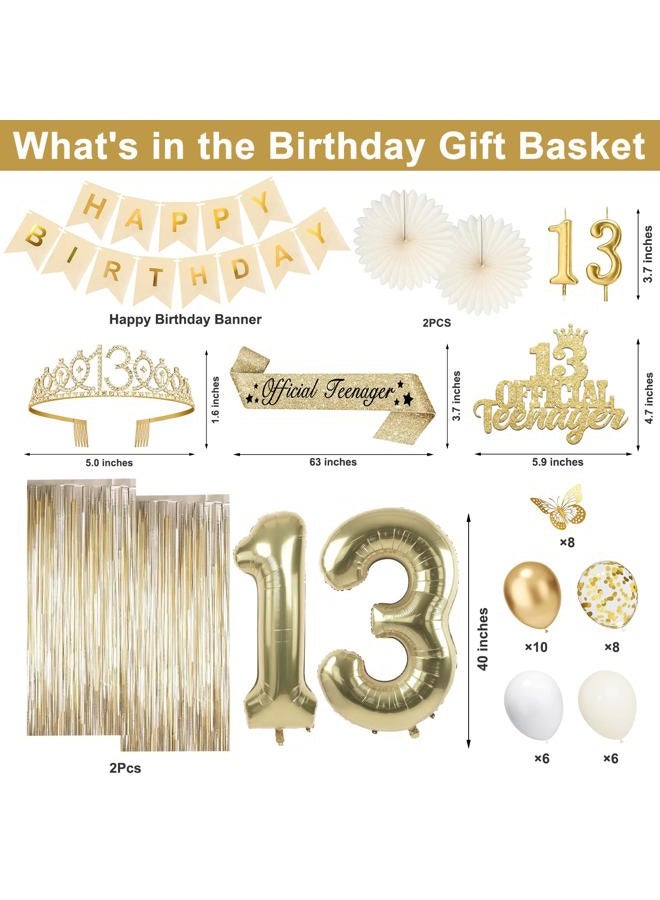 Juesly 13th Birthday Decorations for Girls, Gold 13 Birthday Girl Decorations for Her, 13 Sash and Crown, Banner, Fringe Curtains, Hanging Paper Fans, 13 Year Old Party Supplies Set - Image 3