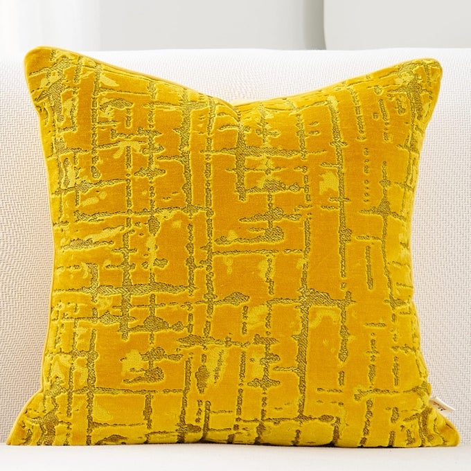 SQUARE GEOMETRICAL PLAID STRIPED CUT VELVET THROW PILLOW COVER 20X20 INCH LUXURY MODERN DECORATIVE ACCENT PILLOW COVER FOR COUCH LIVING ROOM BEDROOM YELLOW