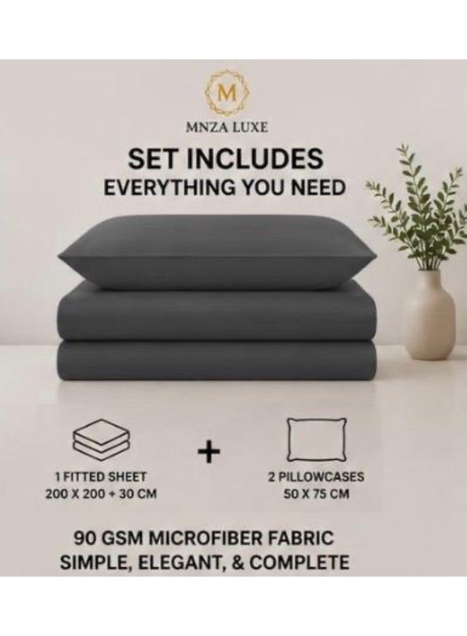 طقم ملاءة سرير مطاطية سادة من الألياف الدقيقة من MNZA LUXE، ملاءة مطاطية واحدة + غطاءا وسادة | ناعم للغاية، قابل للتهوية، مقاوم للتجاعيد | رمادي داكن - Image 2