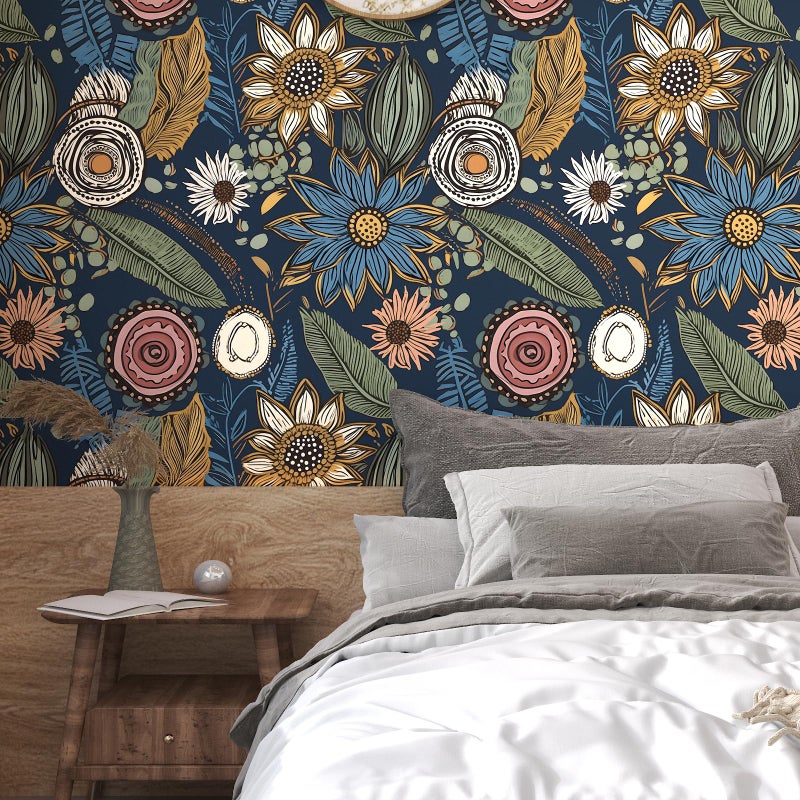 Laatse Boho Wallpaper Peel and Stick, Dark Vintage Floral Contact Paper, Retro Botanical Flower Wall Paper Self Adhesive Removable Waterproof for Walls Shelf Cabinet Table 17.5" x 78.7" (Blue,Yellow, Green) - Image 5
