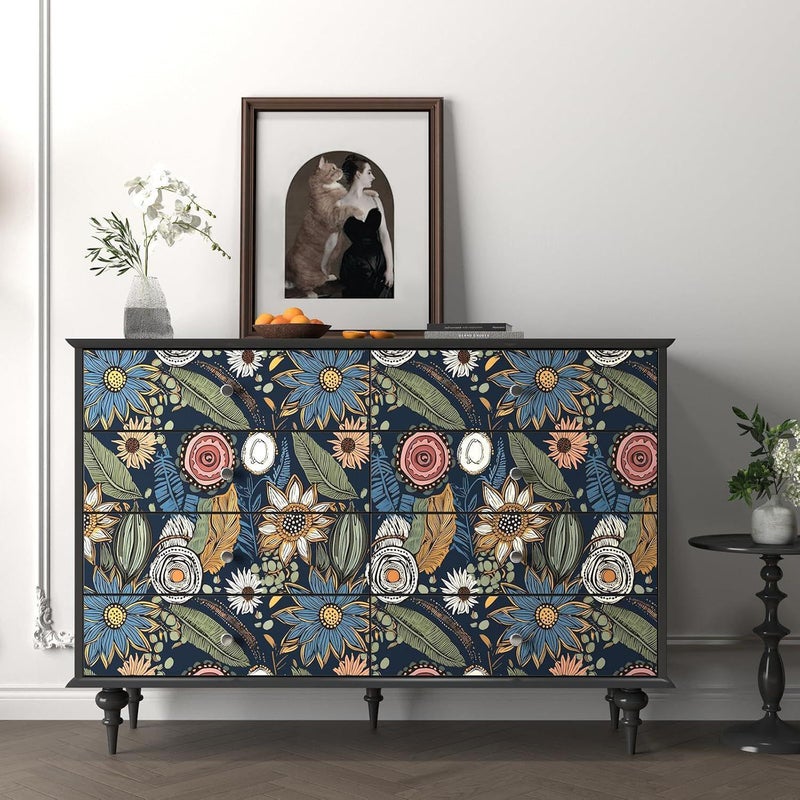 Laatse Boho Wallpaper Peel and Stick, Dark Vintage Floral Contact Paper, Retro Botanical Flower Wall Paper Self Adhesive Removable Waterproof for Walls Shelf Cabinet Table 17.5" x 78.7" (Blue,Yellow, Green) - Image 3