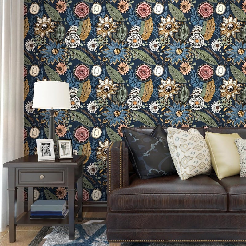 Laatse Boho Wallpaper Peel and Stick, Dark Vintage Floral Contact Paper, Retro Botanical Flower Wall Paper Self Adhesive Removable Waterproof for Walls Shelf Cabinet Table 17.5" x 78.7" (Blue,Yellow, Green) - Image 4