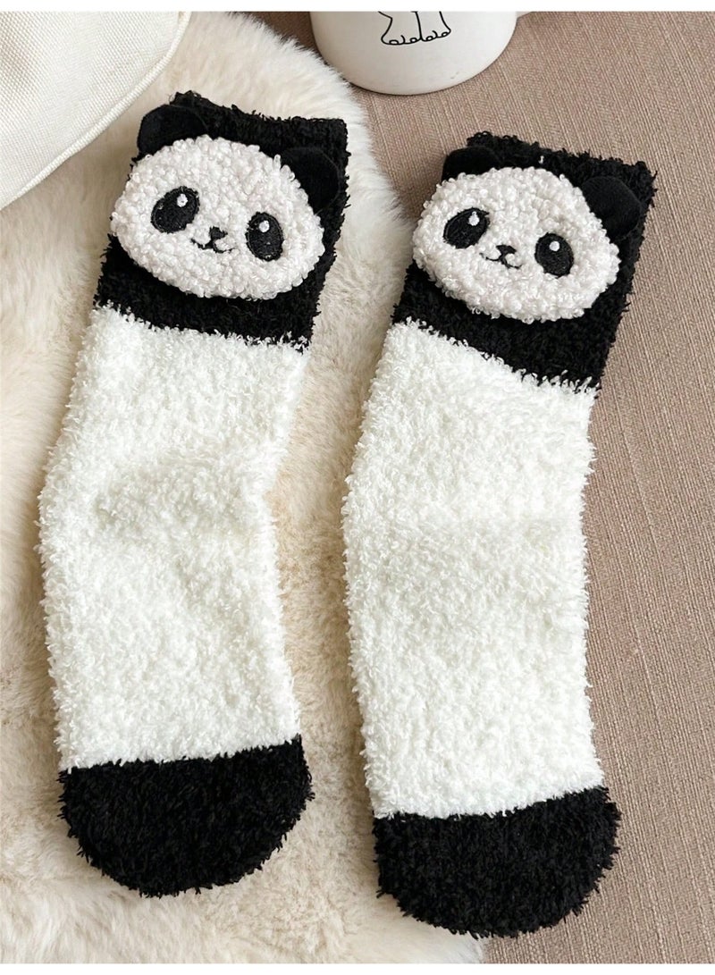 Fuzzy Socks for Ladies 1 Pair, Soft Warm Winter Plush Ankle Socks with Cute 3D Panda Patch, Cozy Slipper Socks for Women, Home and Bed, Black and White, Free Size - Image 3