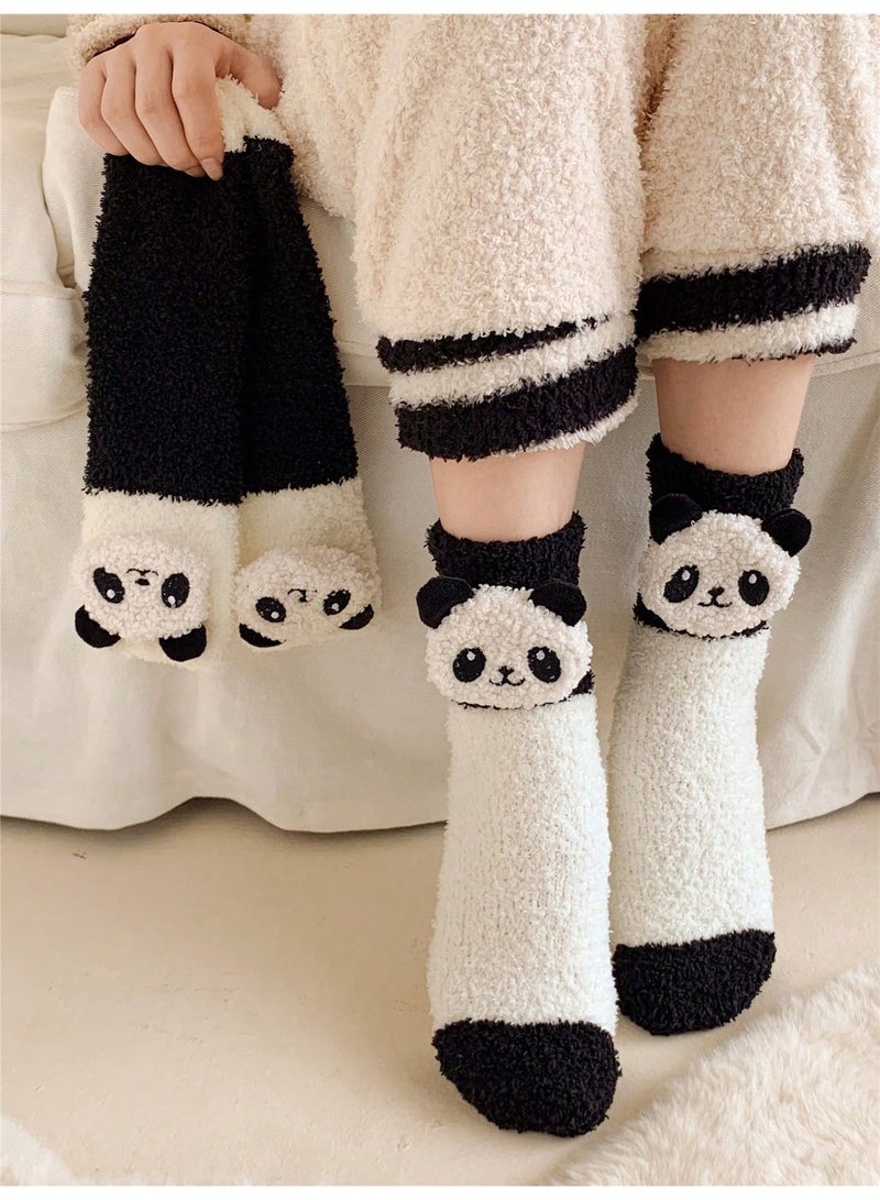 Fuzzy Socks for Ladies 1 Pair, Soft Warm Winter Plush Ankle Socks with Cute 3D Panda Patch, Cozy Slipper Socks for Women, Home and Bed, Black and White, Free Size - Image 2