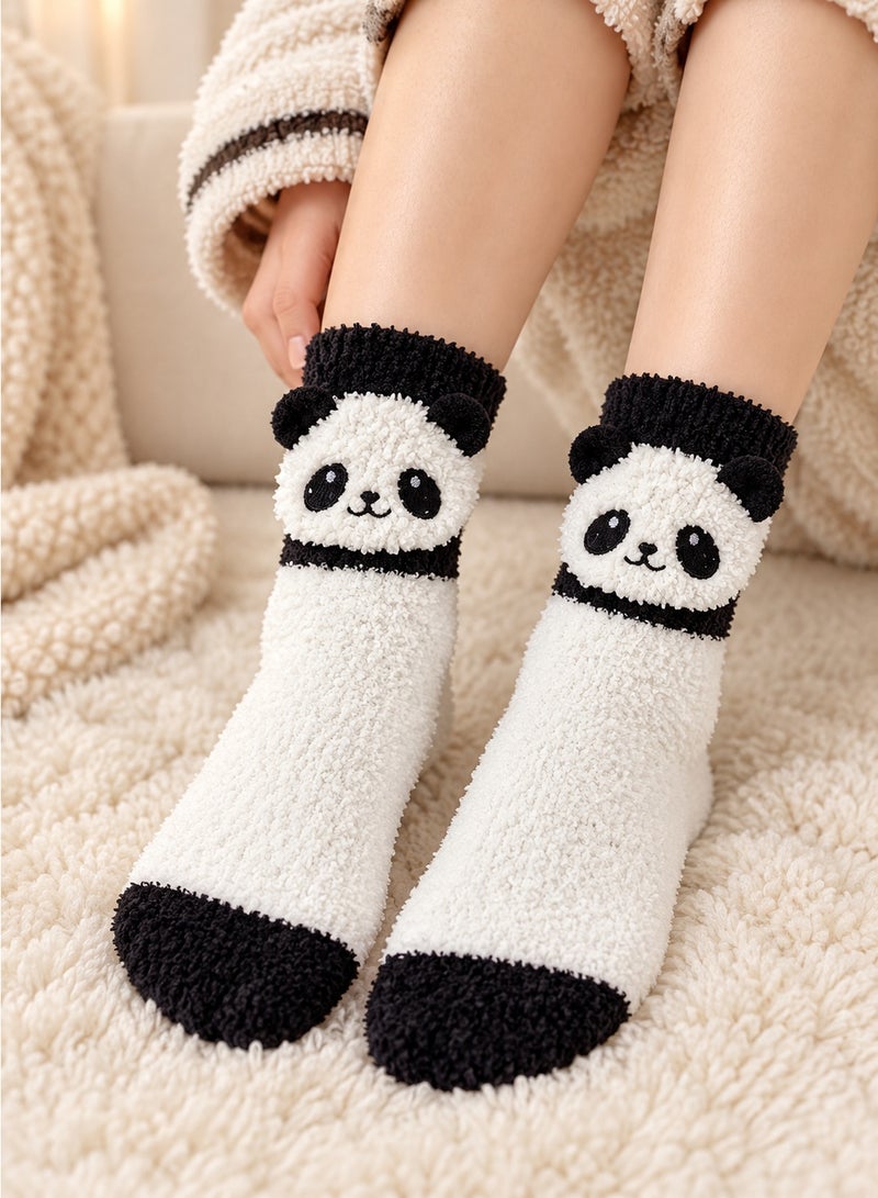 Fuzzy Socks for Ladies 1 Pair, Soft Warm Winter Plush Ankle Socks with Cute 3D Panda Patch, Cozy Slipper Socks for Women, Home and Bed, Black and White, Free Size - Image 1