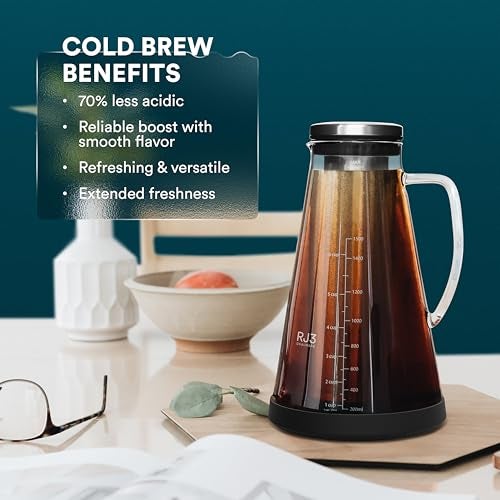 OVALWARE Airtight Cold Brew Iced Coffee Maker Pitcher (& Iced Tea Maker) with Spout – 1.5L/ 51oz Brewing Glass Carafe with Removable Stainless Steel Filter - Image 3