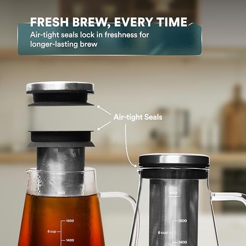 OVALWARE Airtight Cold Brew Iced Coffee Maker Pitcher (& Iced Tea Maker) with Spout – 1.5L/ 51oz Brewing Glass Carafe with Removable Stainless Steel Filter - Image 4