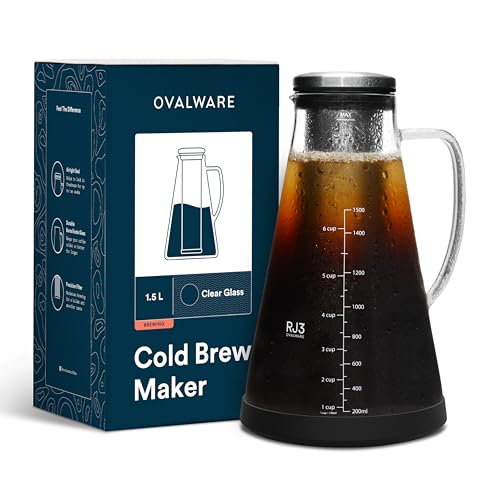 OVALWARE Airtight Cold Brew Iced Coffee Maker Pitcher (& Iced Tea Maker) with Spout – 1.5L/ 51oz Brewing Glass Carafe with Removable Stainless Steel Filter - Image 1