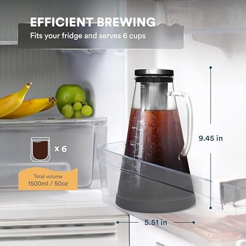 OVALWARE Airtight Cold Brew Iced Coffee Maker Pitcher (& Iced Tea Maker) with Spout – 1.5L/ 51oz Brewing Glass Carafe with Removable Stainless Steel Filter - Image 2