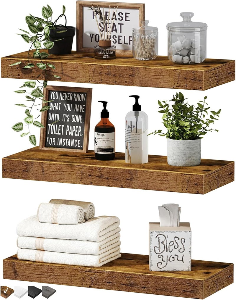 QEEIG Floating Shelves for Wall Bathroom Shelf Bedroom Kitchen Living Room Hanging Book Shelves Small Farmhouse Decor 16 inch Set of 3, Rustic Brown (015-BN3) - Image 1