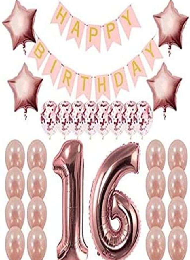 Party Time 16 Birthday Party For Girls Happy Birthday Banner Number And Confetti Balloons Rose Gold - Image 1