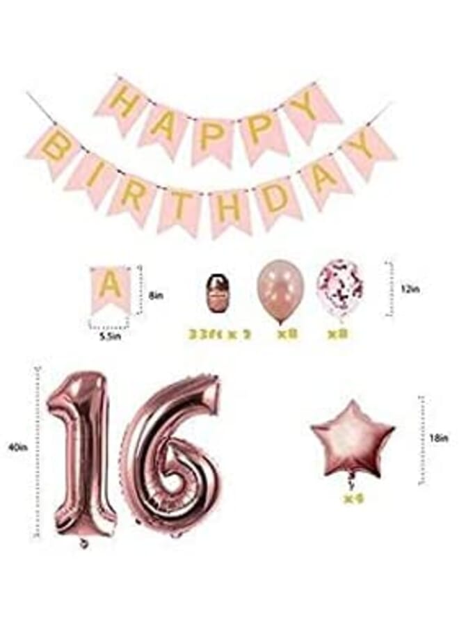 Party Time 16 Birthday Party For Girls Happy Birthday Banner Number And Confetti Balloons Rose Gold - Image 2