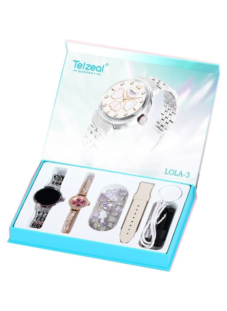 Telzeal Telzeal Lola 3 Round Shape Ladies Smart Watch With Stylish Analog Watch Bracelet and Wireless Charger Silver  - Image 1