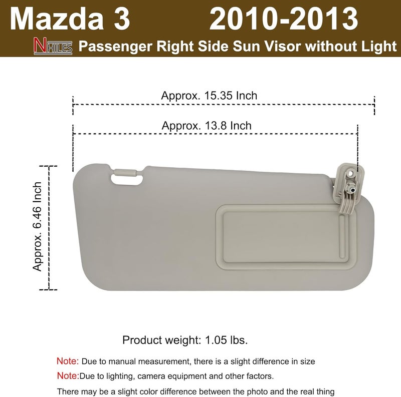 NHILES Right Passenger Side Sun Visor for Mazda 3 (2010-2013) - Image 4