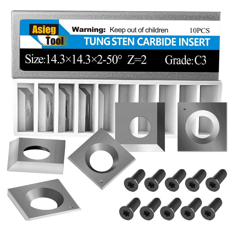Asieg Tool 14.3x14.3x2.0-50Â° Carbide Inserts Cutters Knives 2 Cutting Edges for Cutech Tool Planer Jointer 40700H-CT 4700HC-CT 40100H-CT 40600H-80100-CT 40200H-CT 40600HC-80100-CT 40200HC-CT Head 10pc