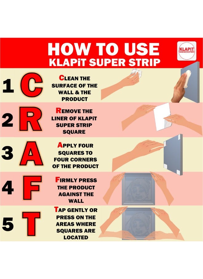 KLAPiT - KLAPiT SUPER STRIP GRIPZILLA - Heavy Duty Double Sided Nano Mounting Tape for Hanging Pictures. Glue-Free Fix for Furniture, Kitchen Accessories, Carpet and Foam, with Four Precut Squares (16pc) - Image 1