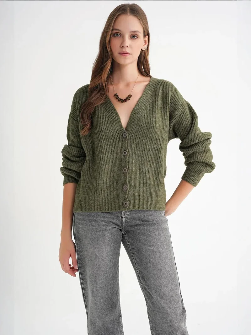 MixRay Mixray Textured V-Neck Button Cardigan