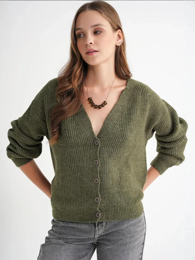 MixRay Khaki Green Mixray Textured V-Neck Button Cardigan for Women | Best Price UAE