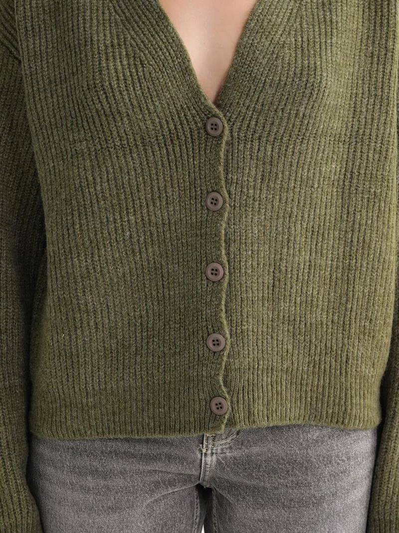 MixRay Khaki Green Mixray Textured V-Neck Button Cardigan for Women | Best Price UAE