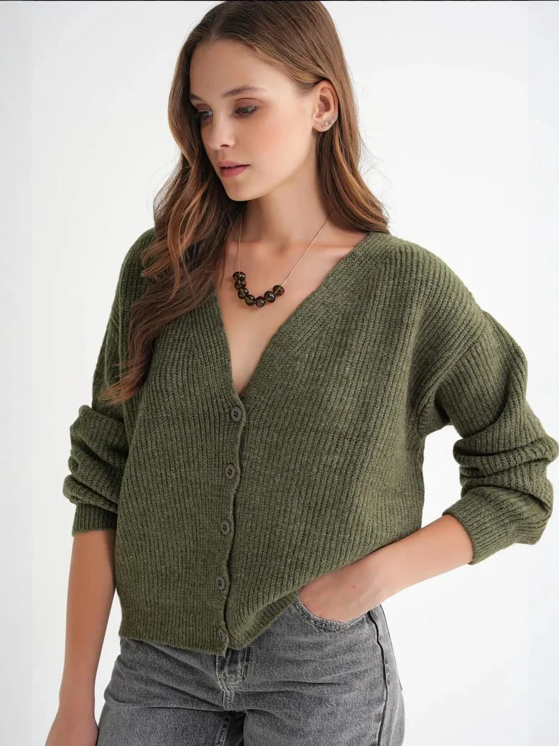 MixRay Khaki Green Mixray Textured V-Neck Button Cardigan for Women | Best Price UAE