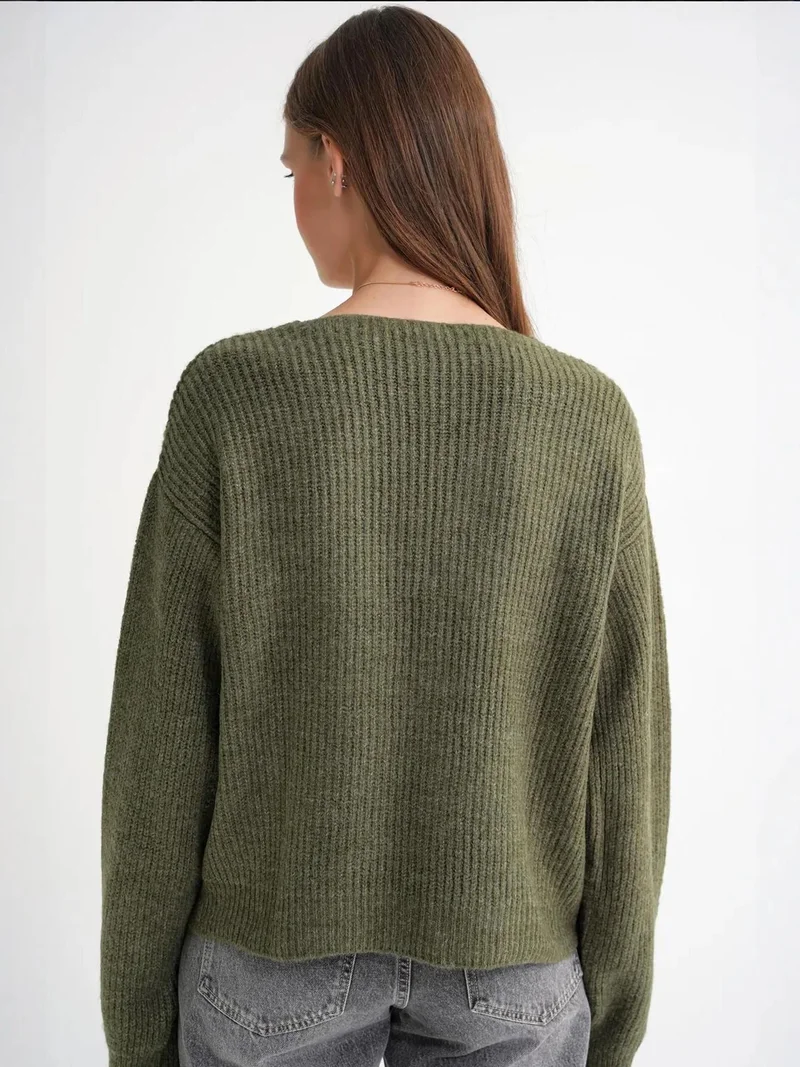 MixRay Khaki Green Mixray Textured V-Neck Button Cardigan for Women | Best Price UAE
