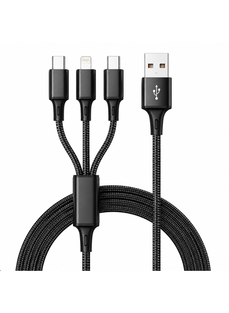 Black 2M Extra Long 3-in-1 Multi Charging Cable, Nylon Braided Universal USB to Type-C/Micro/Lightning Cord for iPhone, Samsung - Image 1